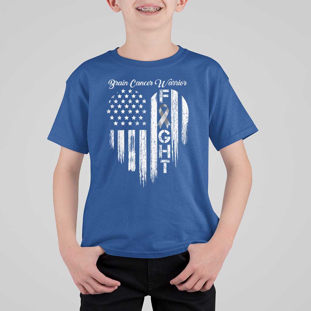 Brain Cancer Warrior T Shirt For Kid Fight Gray Ribbon American Flag Heart