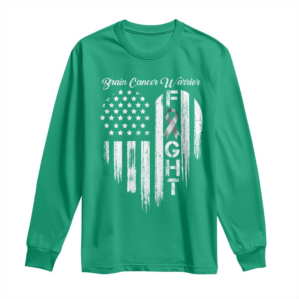Brain Cancer Warrior Long Sleeve Shirt Fight Gray Ribbon American Flag Heart