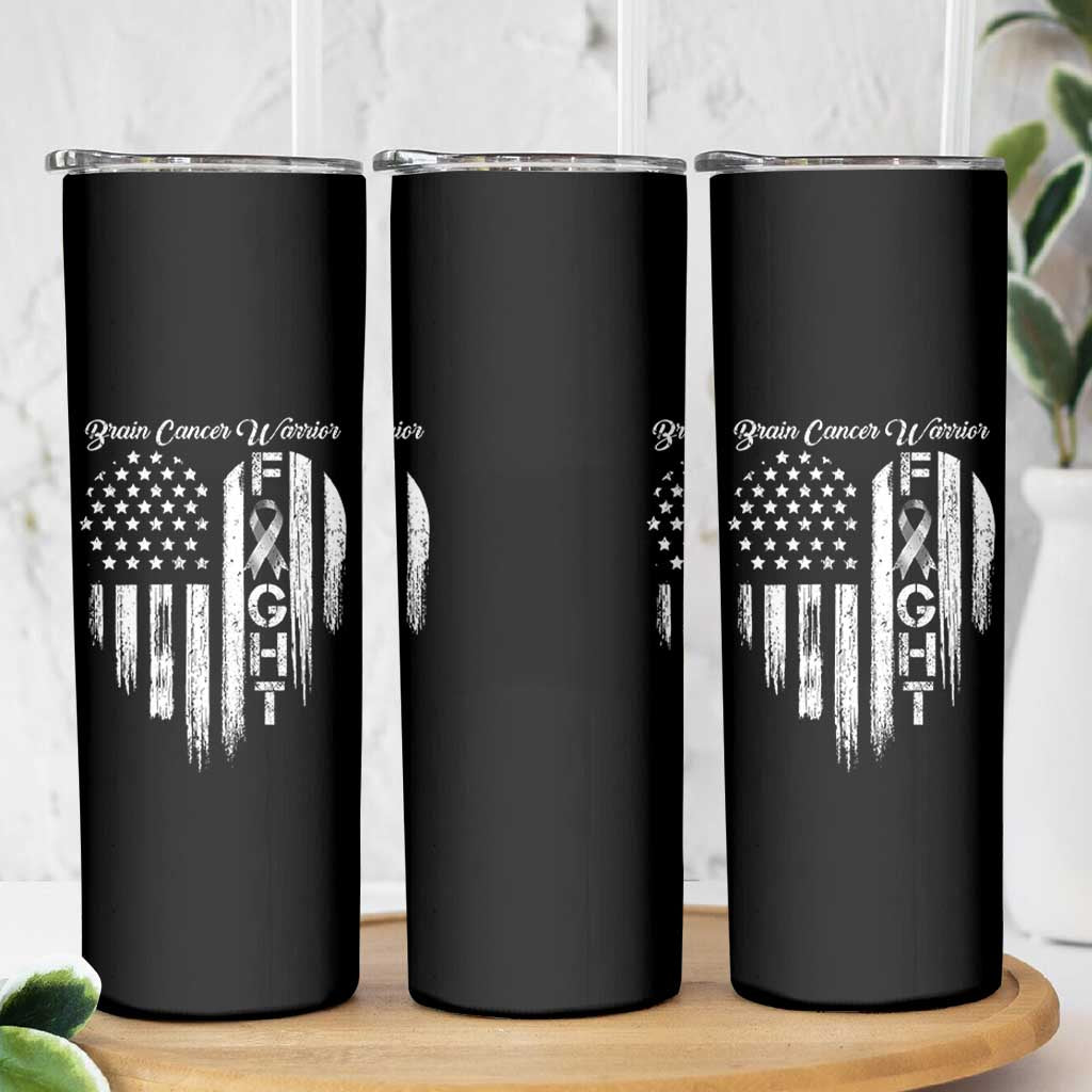 Brain Cancer Warrior Skinny Tumbler Fight Gray Ribbon American Flag Heart
