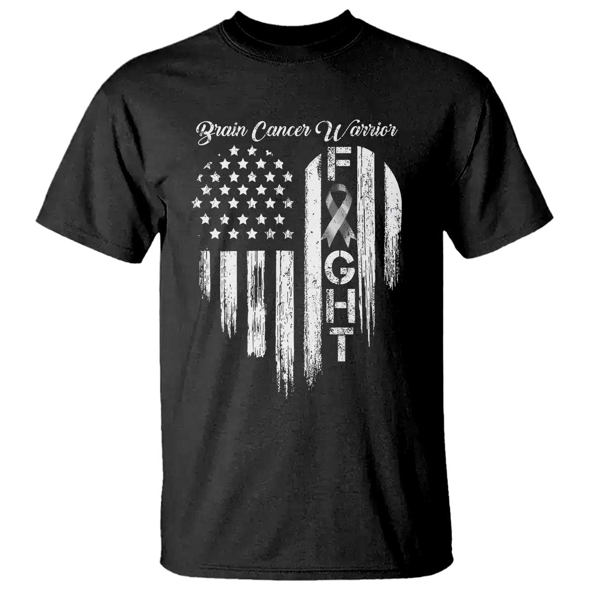 Brain Cancer Warrior T Shirt Fight Gray Ribbon American Flag Heart
