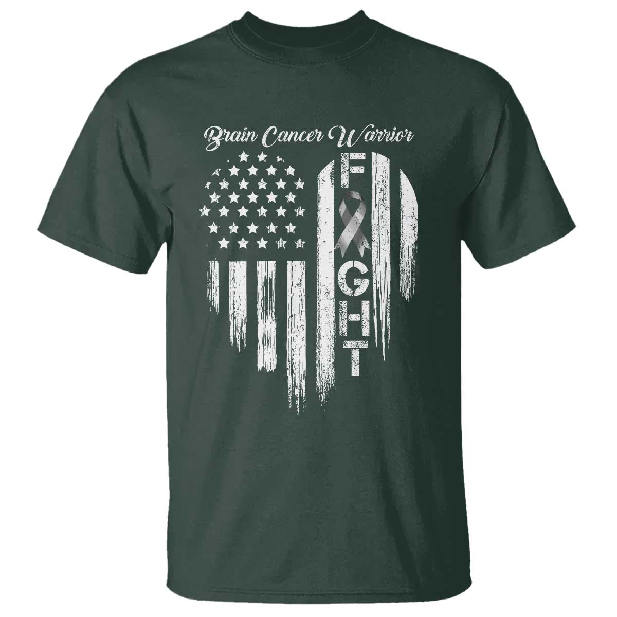 Brain Cancer Warrior T Shirt Fight Gray Ribbon American Flag Heart