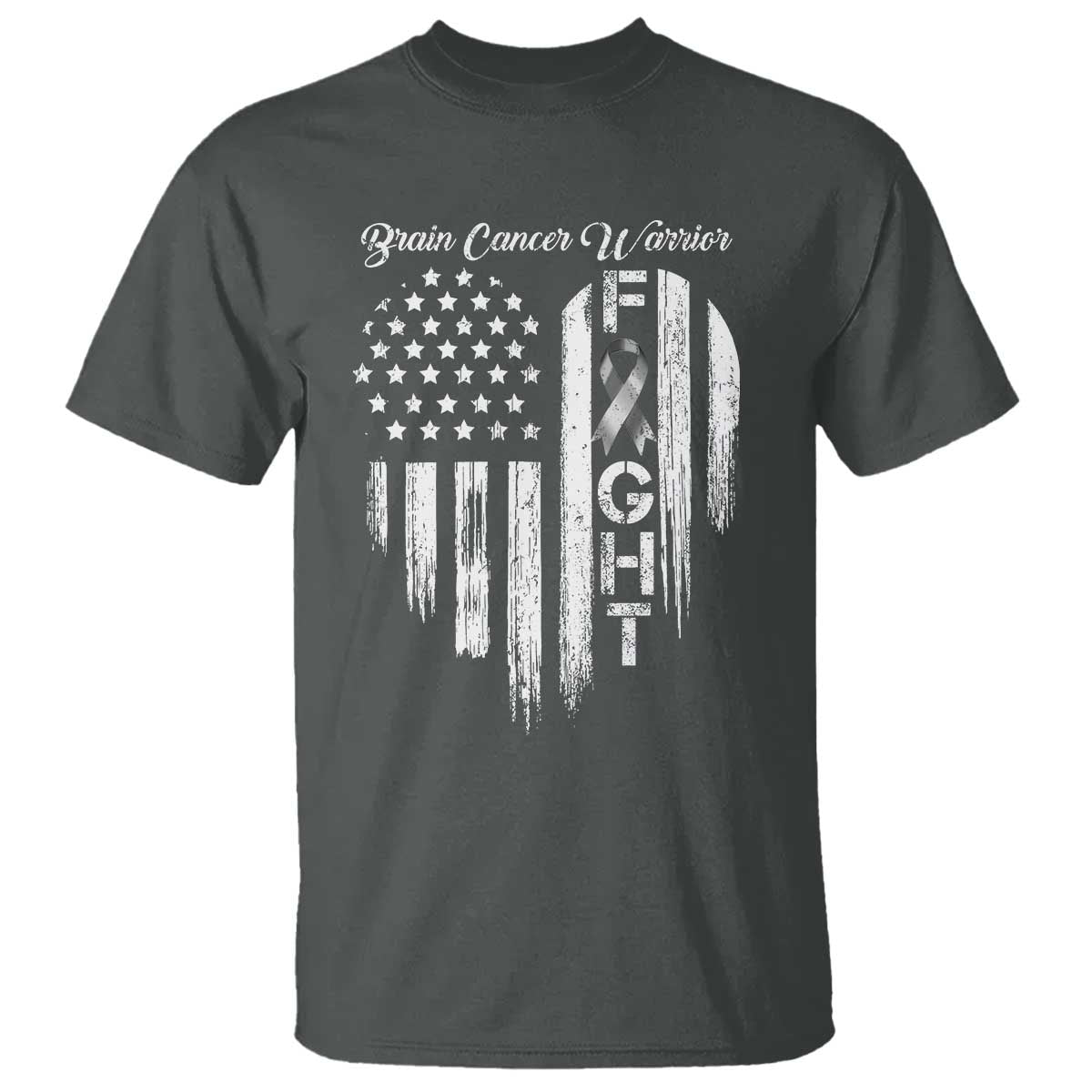Brain Cancer Warrior T Shirt Fight Gray Ribbon American Flag Heart