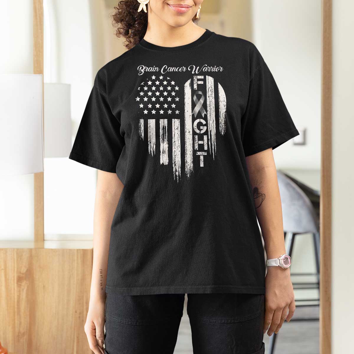 Brain Cancer Warrior T Shirt For Women Fight Gray Ribbon American Flag Heart