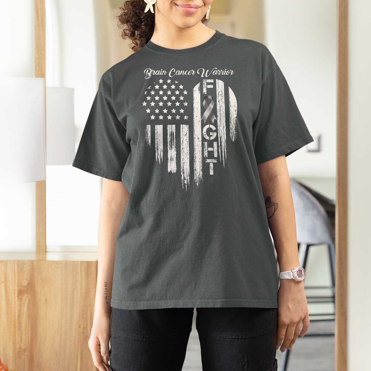 Brain Cancer Warrior T Shirt For Women Fight Gray Ribbon American Flag Heart