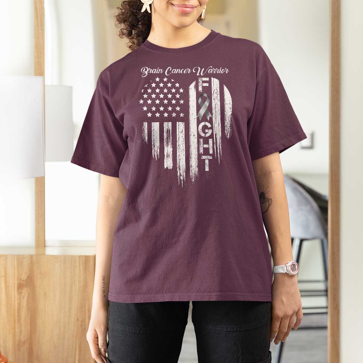 Brain Cancer Warrior T Shirt For Women Fight Gray Ribbon American Flag Heart