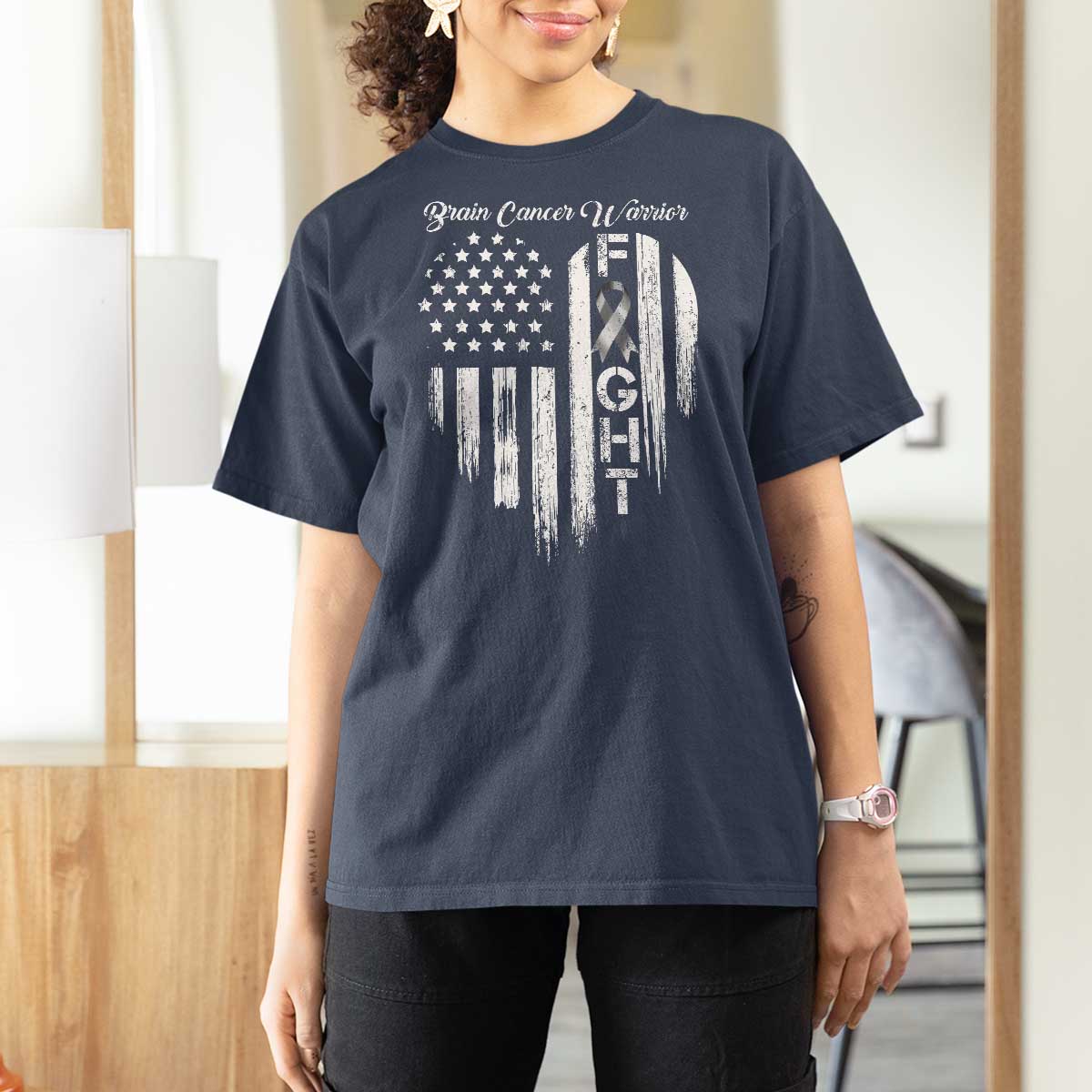 Brain Cancer Warrior T Shirt For Women Fight Gray Ribbon American Flag Heart