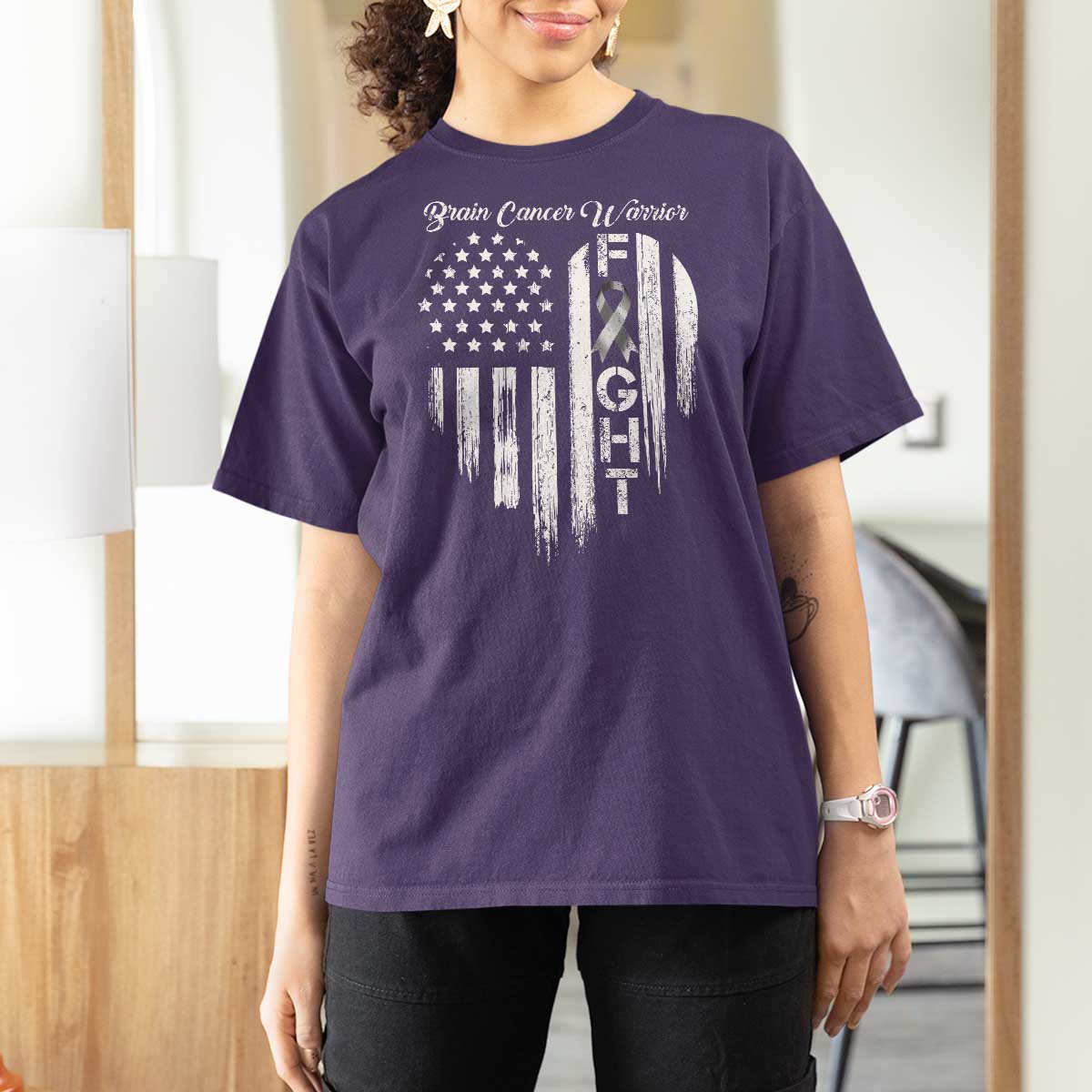 Brain Cancer Warrior T Shirt For Women Fight Gray Ribbon American Flag Heart