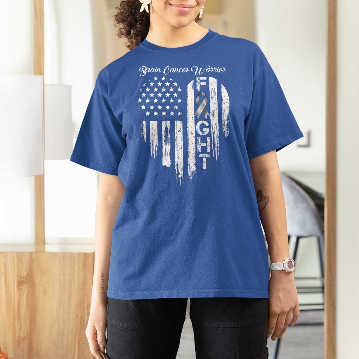 Brain Cancer Warrior T Shirt For Women Fight Gray Ribbon American Flag Heart