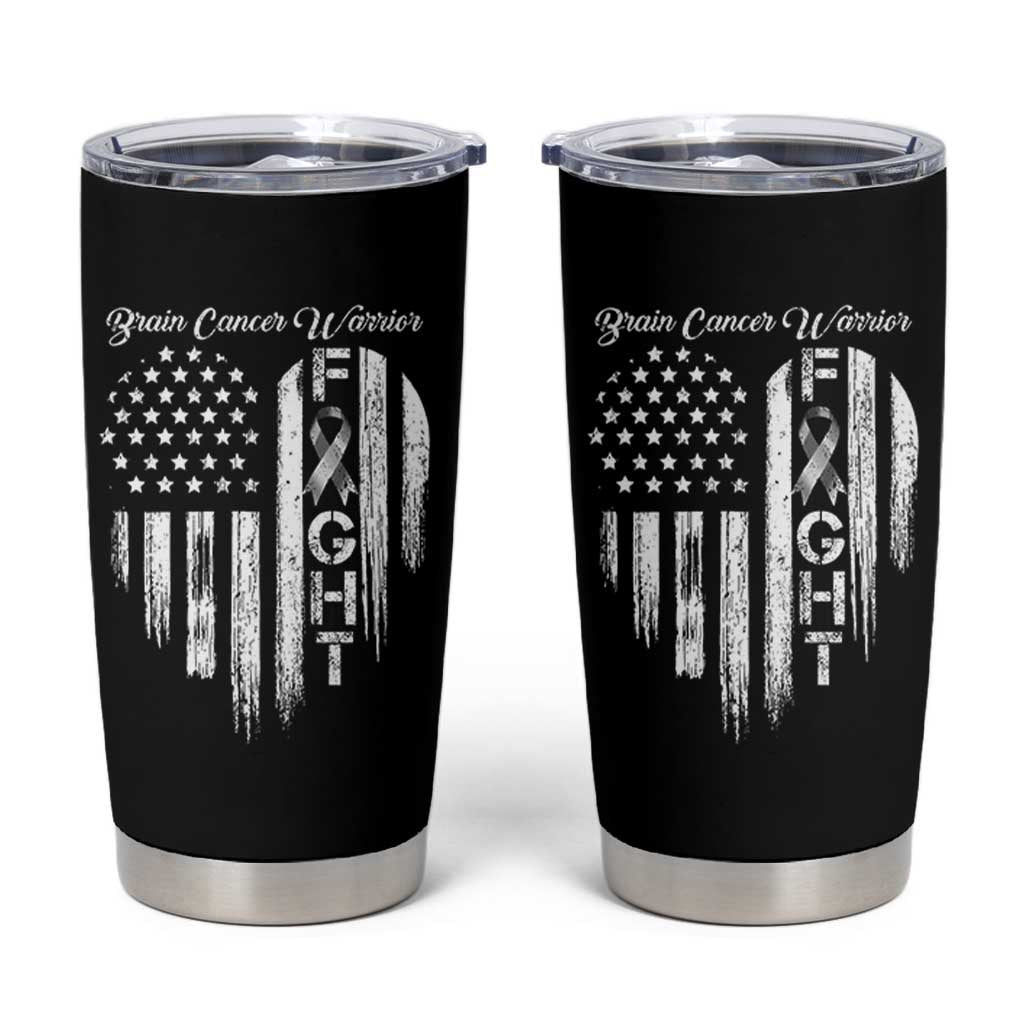 Brain Cancer Warrior Tumbler Cup Fight Gray Ribbon American Flag Heart