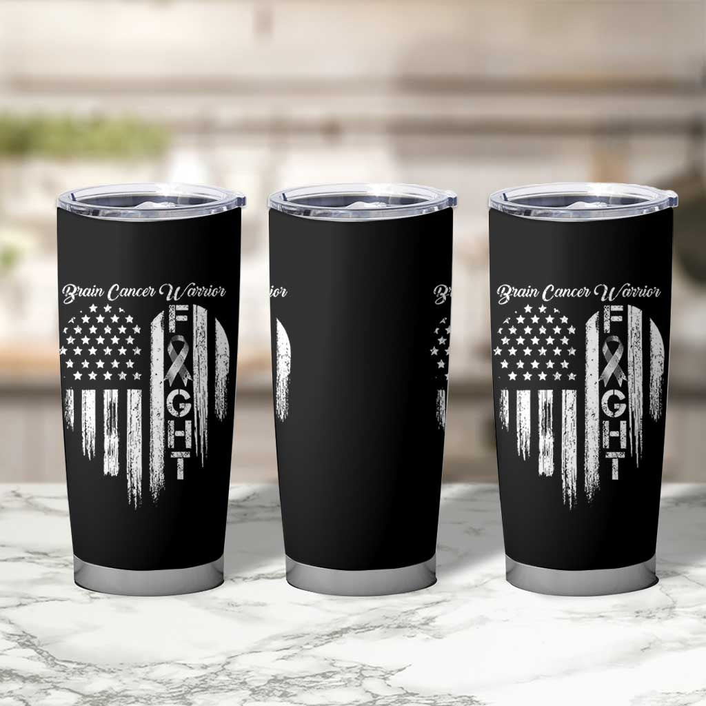 Brain Cancer Warrior Tumbler Cup Fight Gray Ribbon American Flag Heart