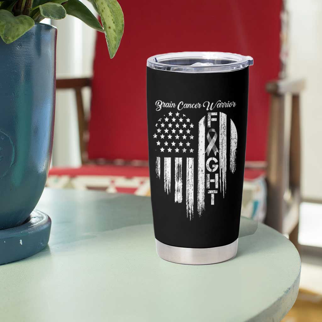Brain Cancer Warrior Tumbler Cup Fight Gray Ribbon American Flag Heart