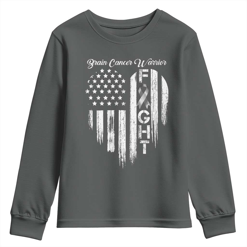 Brain Cancer Warrior Youth Sweatshirt Fight Gray Ribbon American Flag Heart