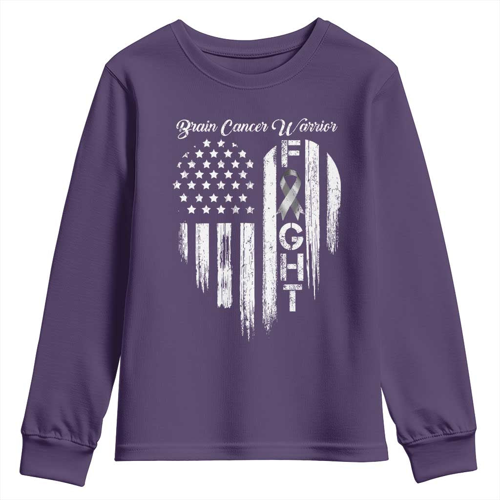 Brain Cancer Warrior Youth Sweatshirt Fight Gray Ribbon American Flag Heart
