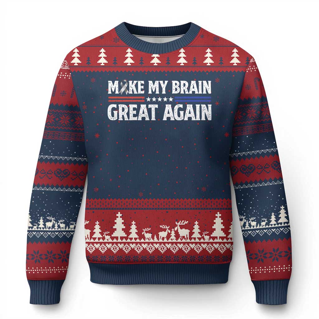 Funny Brain Surgery Recovery Ugly Christmas Sweater Make My Brain Great Again Gray Ribbon