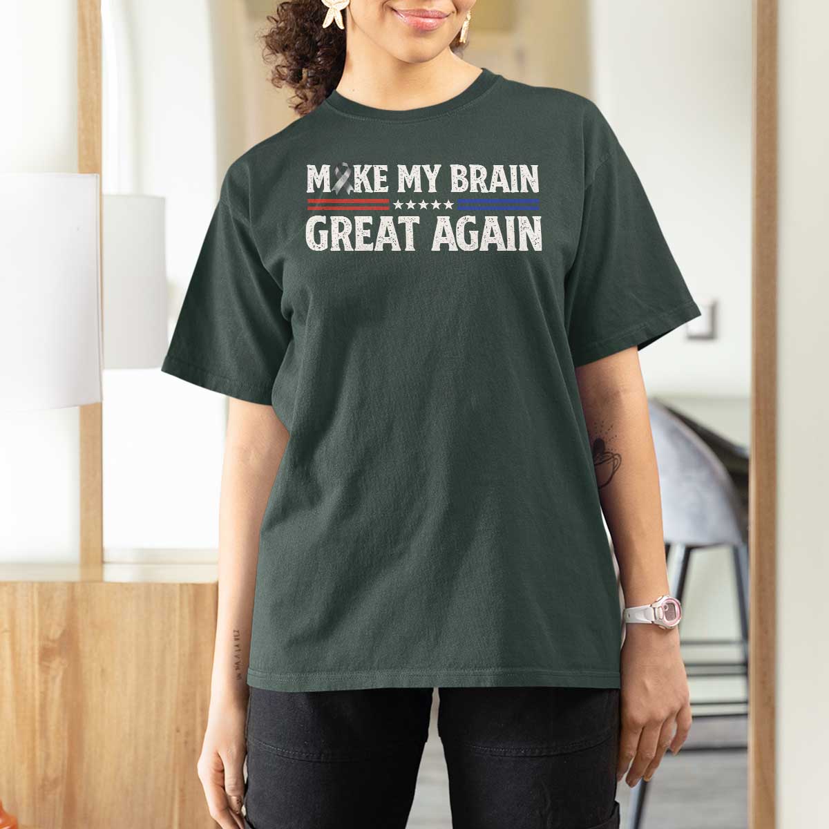 Funny Brain Surgery Recovery T Shirt For Women Make My Brain Great Again Gray Ribbon