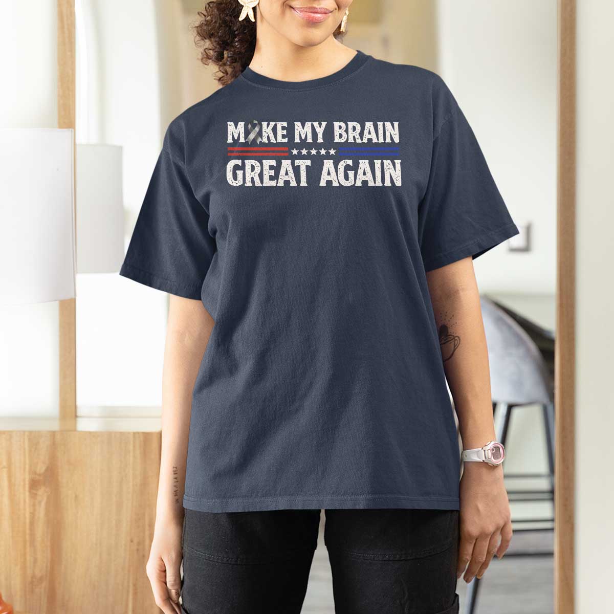 Funny Brain Surgery Recovery T Shirt For Women Make My Brain Great Again Gray Ribbon