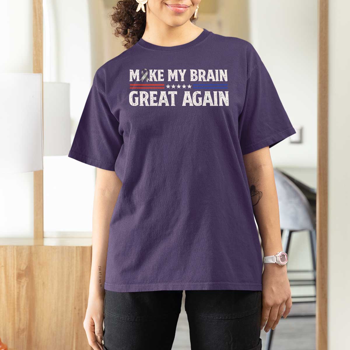 Funny Brain Surgery Recovery T Shirt For Women Make My Brain Great Again Gray Ribbon
