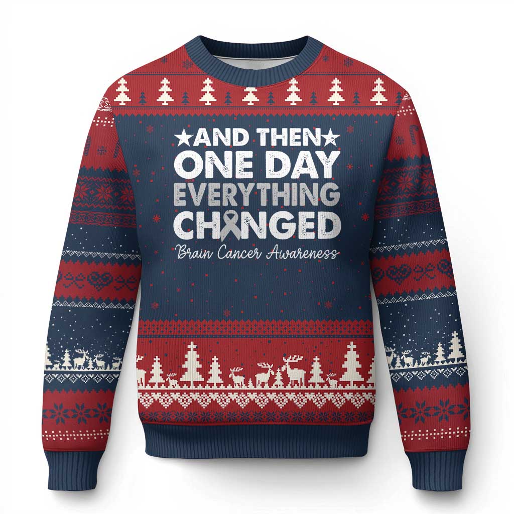 Brain Cancer Awareness Ugly Christmas Sweater Retro Fight Brain Tumor Cure Gray Ribbon
