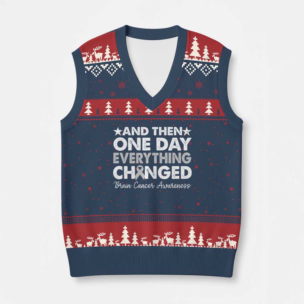 Brain Cancer Awareness V-Neck Knit Sweater Vest Retro Fight Brain Tumor Cure Gray Ribbon