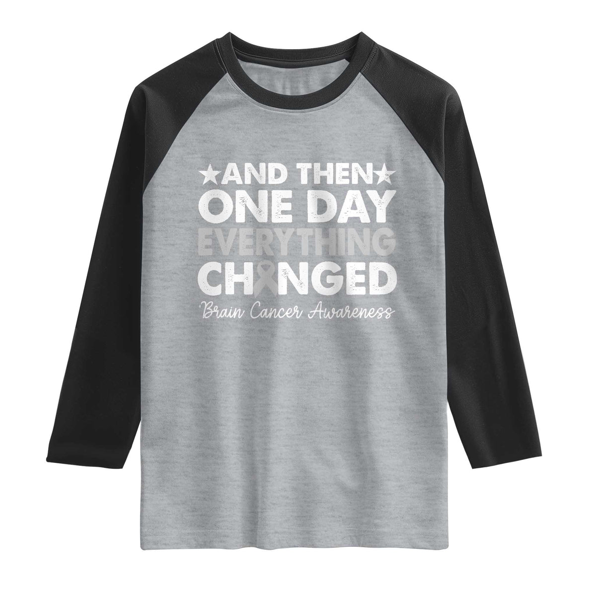 Brain Cancer Awareness Raglan Shirt Retro Fight Brain Tumor Cure Gray Ribbon