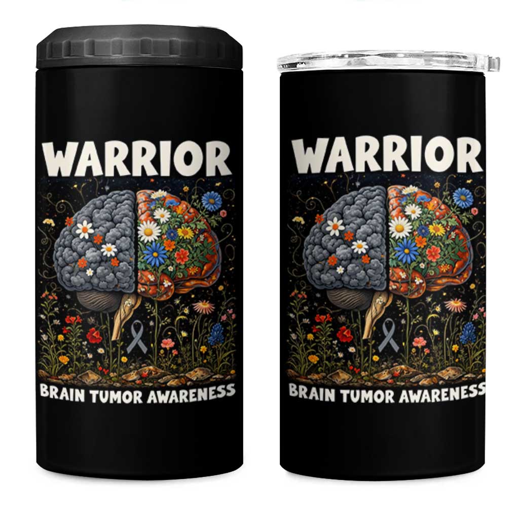 Brain Tumor Warrior 4 in 1 Can Cooler Tumbler Gray Ribbon Brain Cancer Awareness