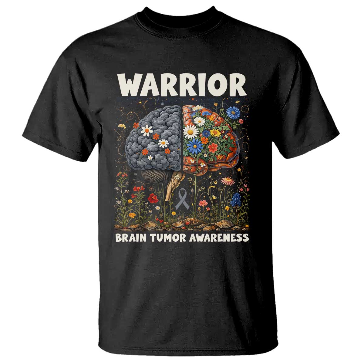 Brain Tumor Warrior T Shirt Gray Ribbon Brain Cancer Awareness