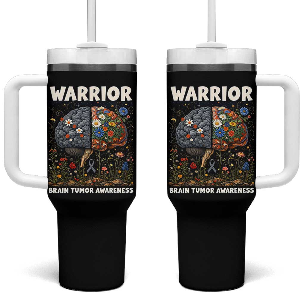Brain Tumor Warrior Tumbler With Handle Gray Ribbon Brain Cancer Awareness