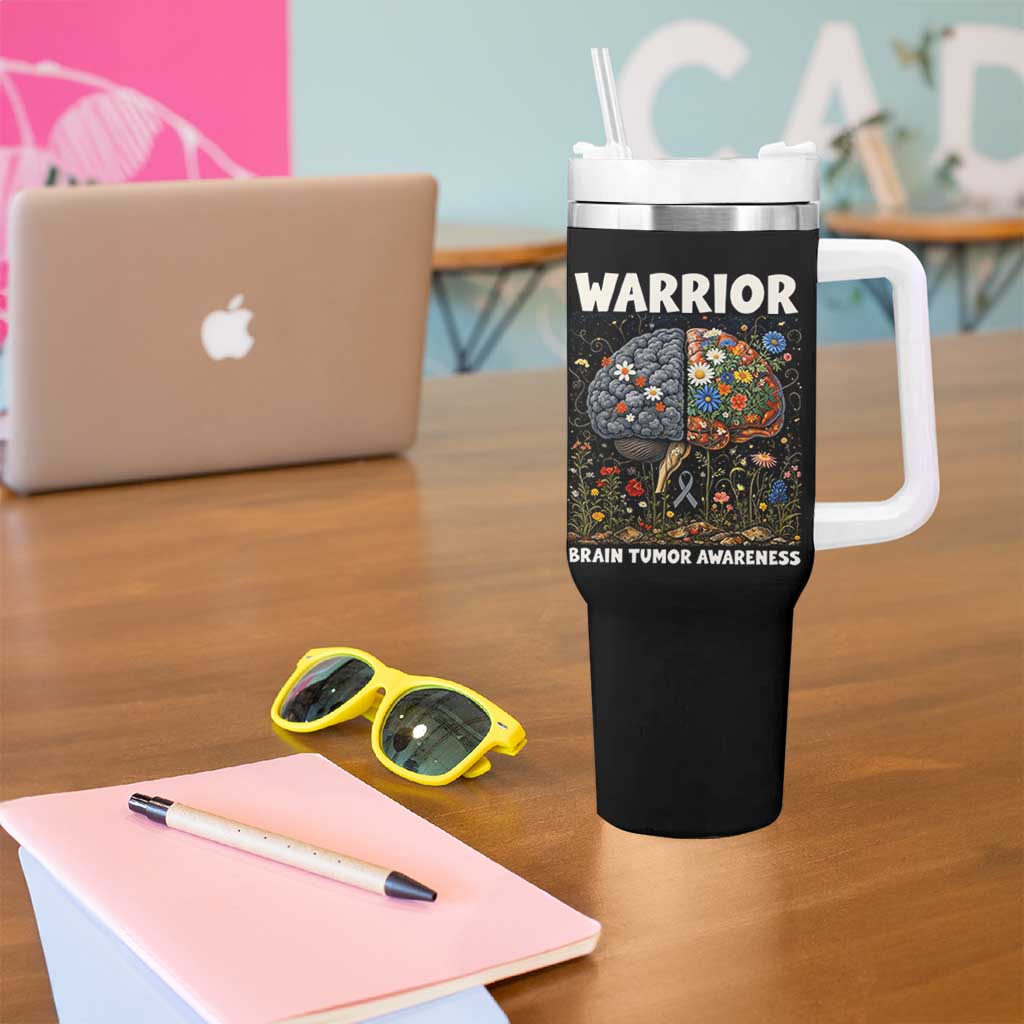 Brain Tumor Warrior Tumbler With Handle Gray Ribbon Brain Cancer Awareness