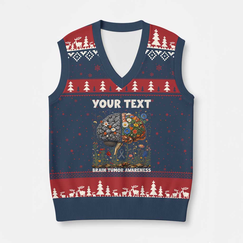 Personalized Brain Tumor Warrior V-Neck Knit Sweater Vest Custom Name Gray Ribbon Brain Cancer Awareness