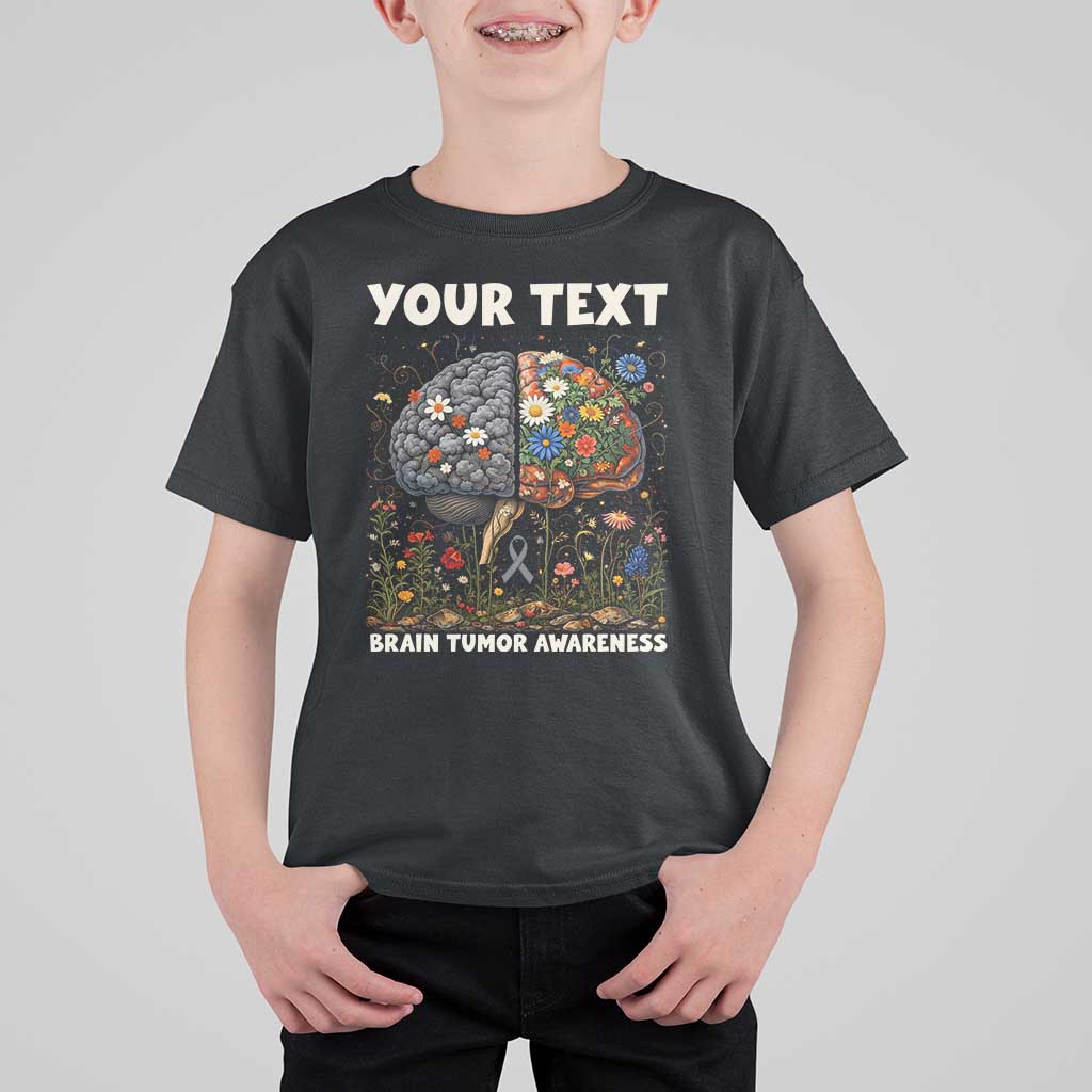 Personalized Brain Tumor Warrior T Shirt For Kid Custom Name Gray Ribbon Brain Cancer Awareness