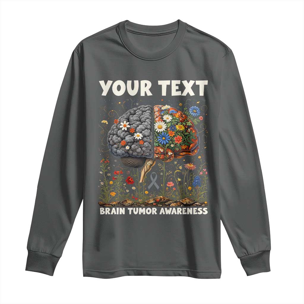 Personalized Brain Tumor Warrior Long Sleeve Shirt Custom Name Gray Ribbon Brain Cancer Awareness