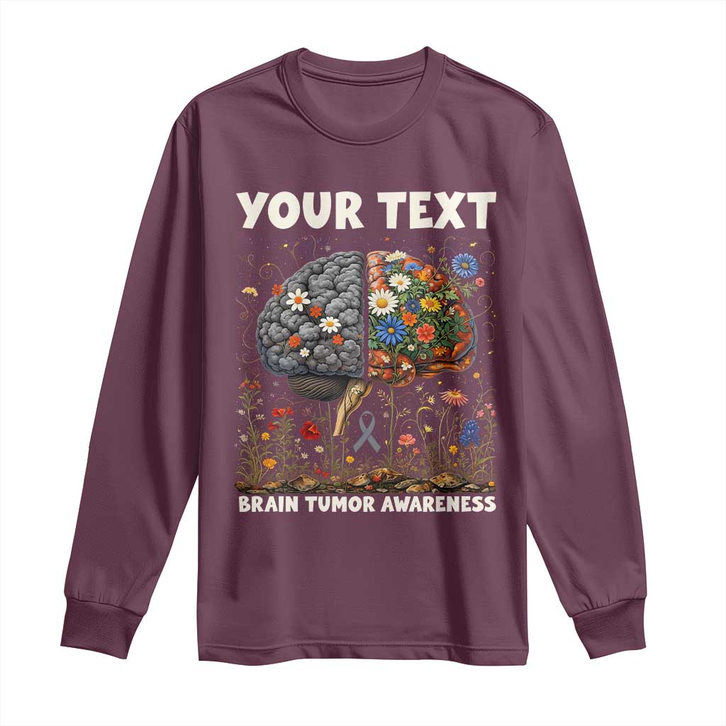 Personalized Brain Tumor Warrior Long Sleeve Shirt Custom Name Gray Ribbon Brain Cancer Awareness