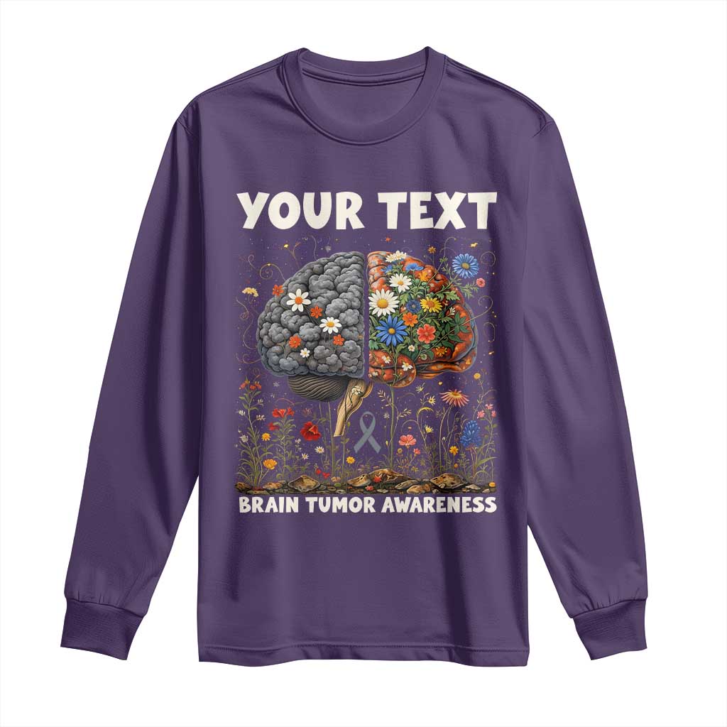 Personalized Brain Tumor Warrior Long Sleeve Shirt Custom Name Gray Ribbon Brain Cancer Awareness