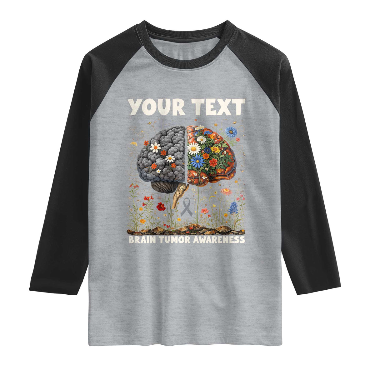 Personalized Brain Tumor Warrior Raglan Shirt Custom Name Gray Ribbon Brain Cancer Awareness