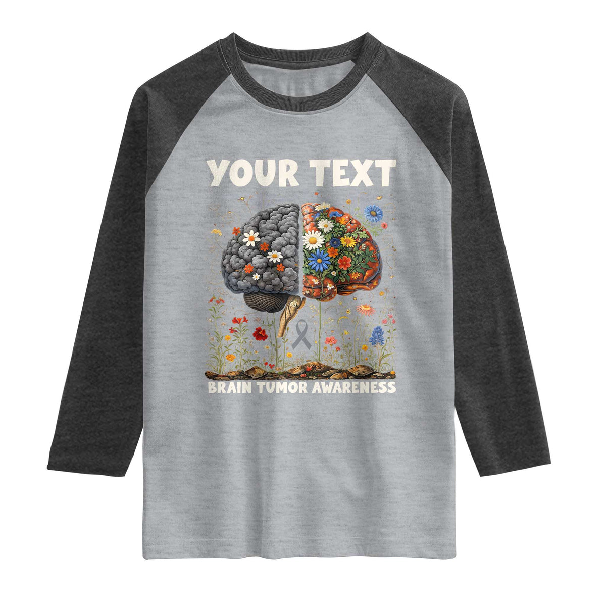 Personalized Brain Tumor Warrior Raglan Shirt Custom Name Gray Ribbon Brain Cancer Awareness