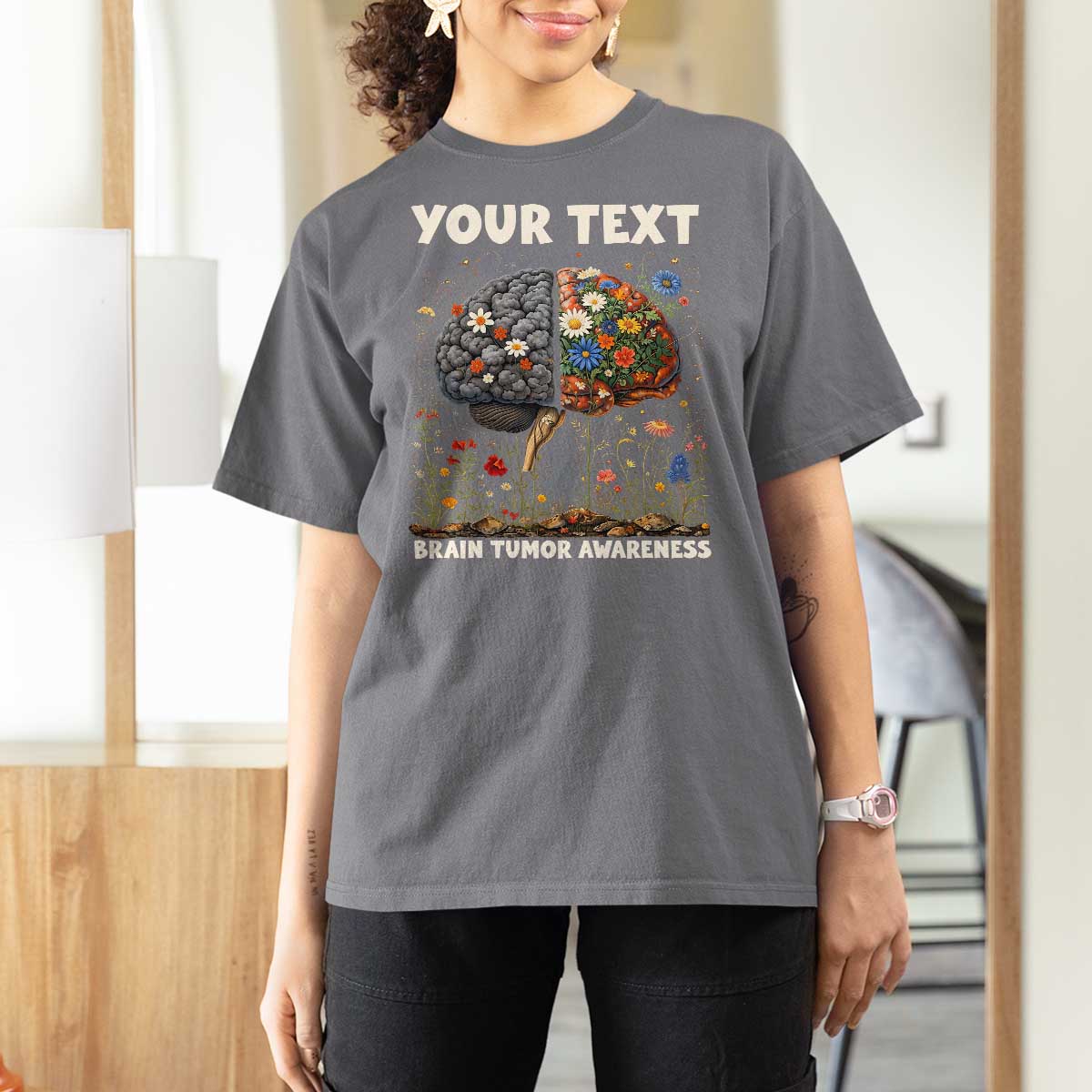 Personalized Brain Tumor Warrior T Shirt For Women Custom Name Gray Ribbon Brain Cancer Awareness