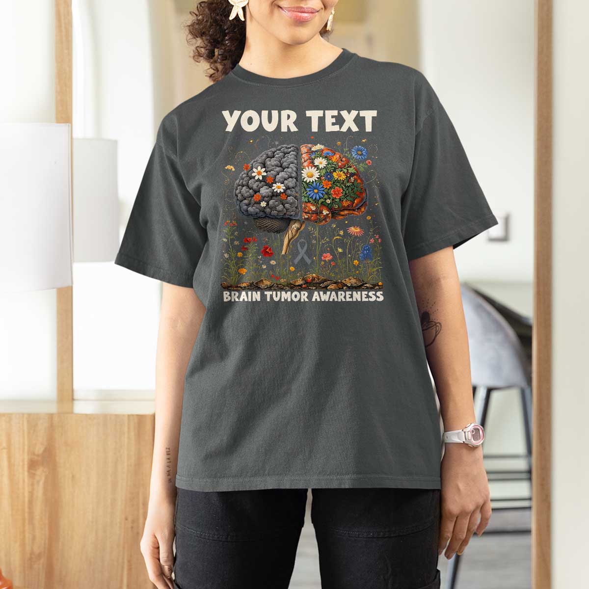 Personalized Brain Tumor Warrior T Shirt For Women Custom Name Gray Ribbon Brain Cancer Awareness