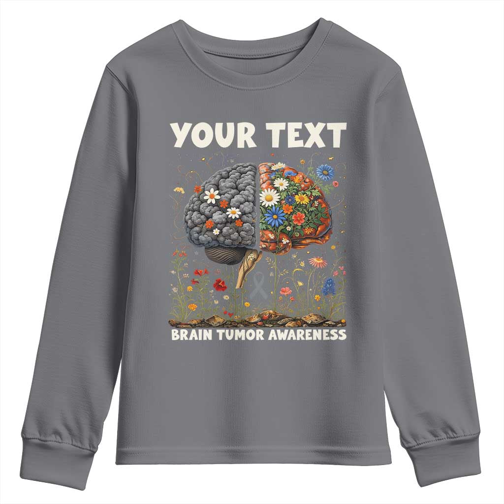 Personalized Brain Tumor Warrior Youth Sweatshirt Custom Name Gray Ribbon Brain Cancer Awareness