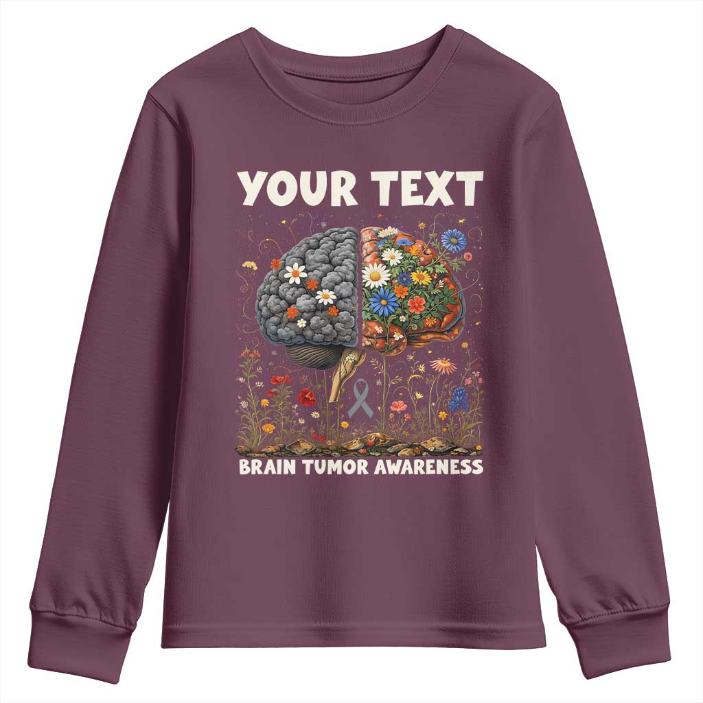 Personalized Brain Tumor Warrior Youth Sweatshirt Custom Name Gray Ribbon Brain Cancer Awareness