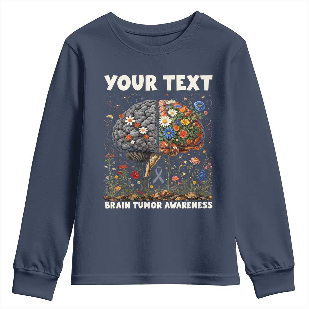 Personalized Brain Tumor Warrior Youth Sweatshirt Custom Name Gray Ribbon Brain Cancer Awareness