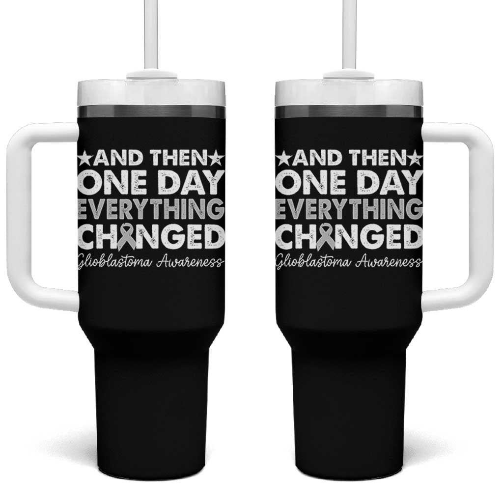 Glioblastoma Awareness Tumbler With Handle Retro Fight Brain Tumor Cure Gray Ribbon