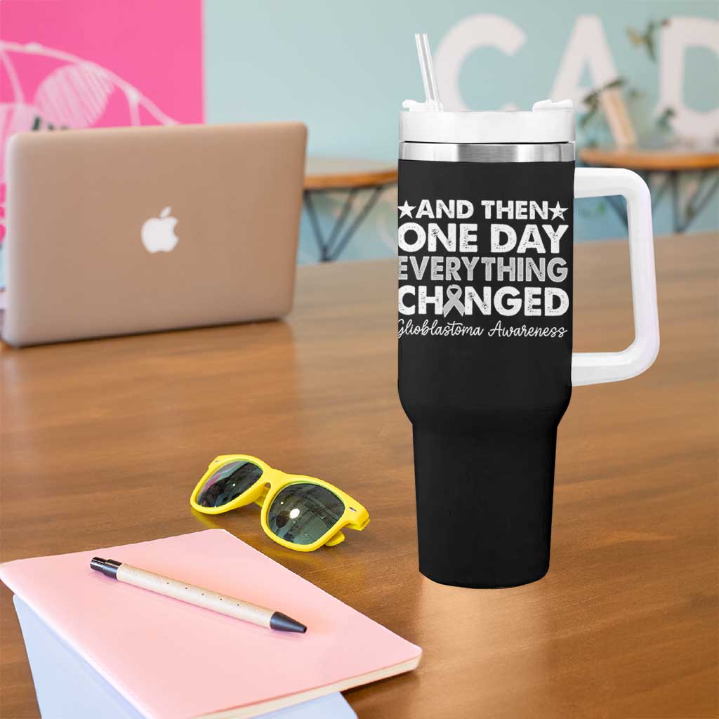 Glioblastoma Awareness Tumbler With Handle Retro Fight Brain Tumor Cure Gray Ribbon