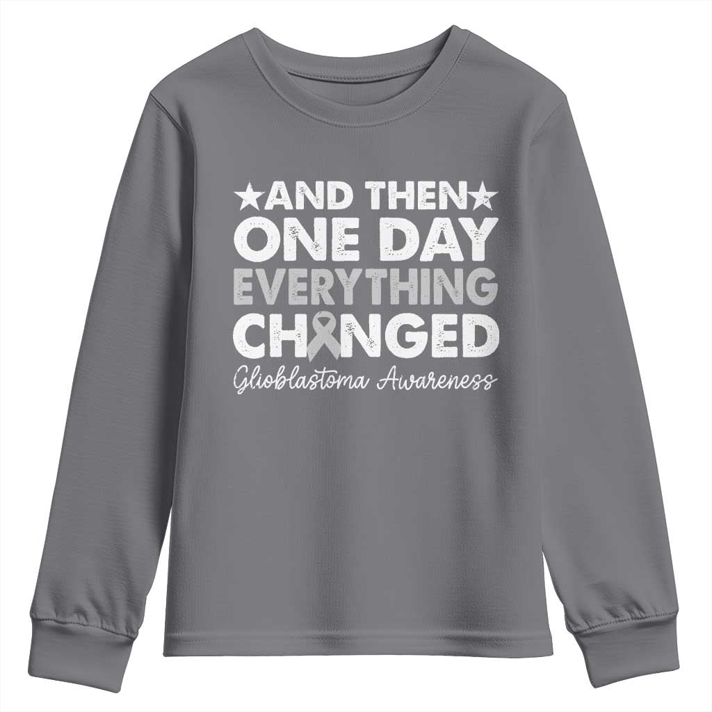 Glioblastoma Awareness Youth Sweatshirt Retro Fight Brain Tumor Cure Gray Ribbon