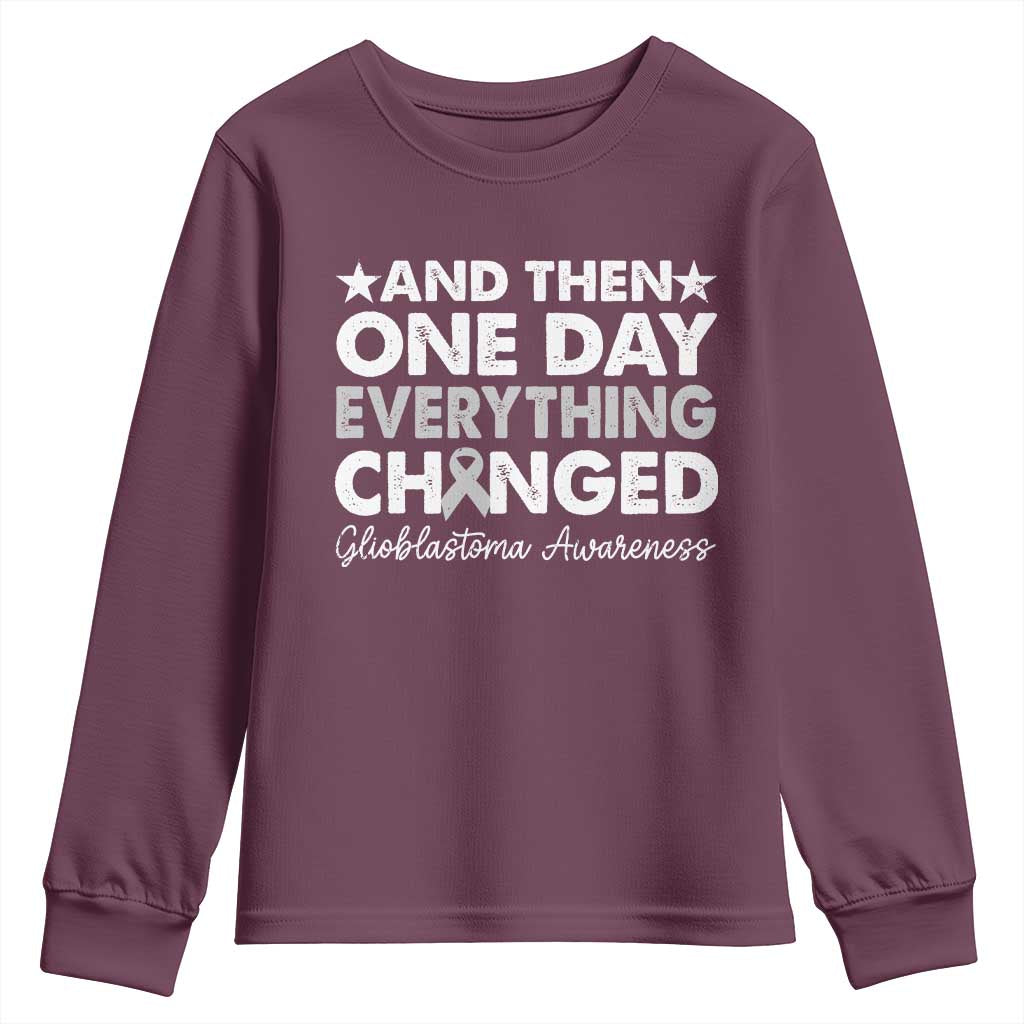 Glioblastoma Awareness Youth Sweatshirt Retro Fight Brain Tumor Cure Gray Ribbon