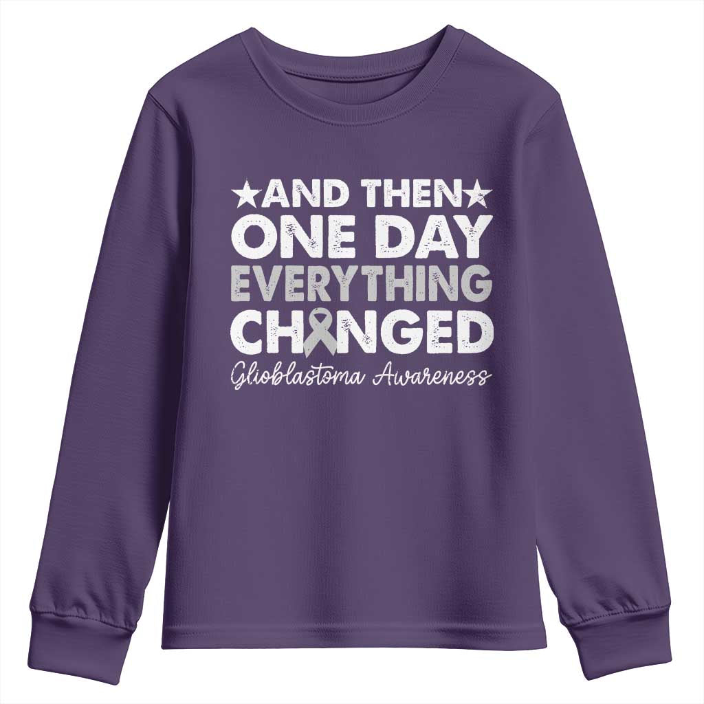 Glioblastoma Awareness Youth Sweatshirt Retro Fight Brain Tumor Cure Gray Ribbon