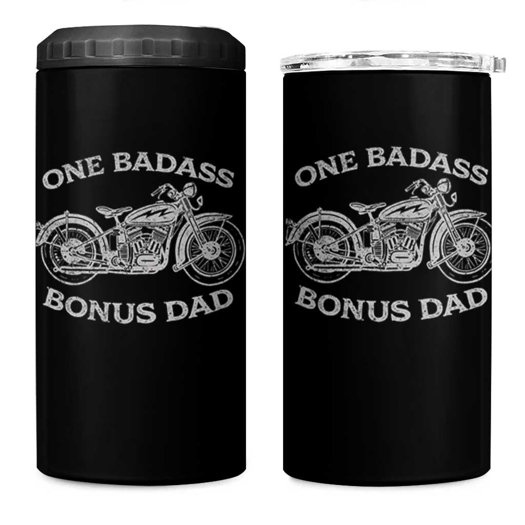 One Badass Bonus Dad 4 in 1 Can Cooler Tumbler Funny Stepdad Motorcycle Graphic Mens Biker