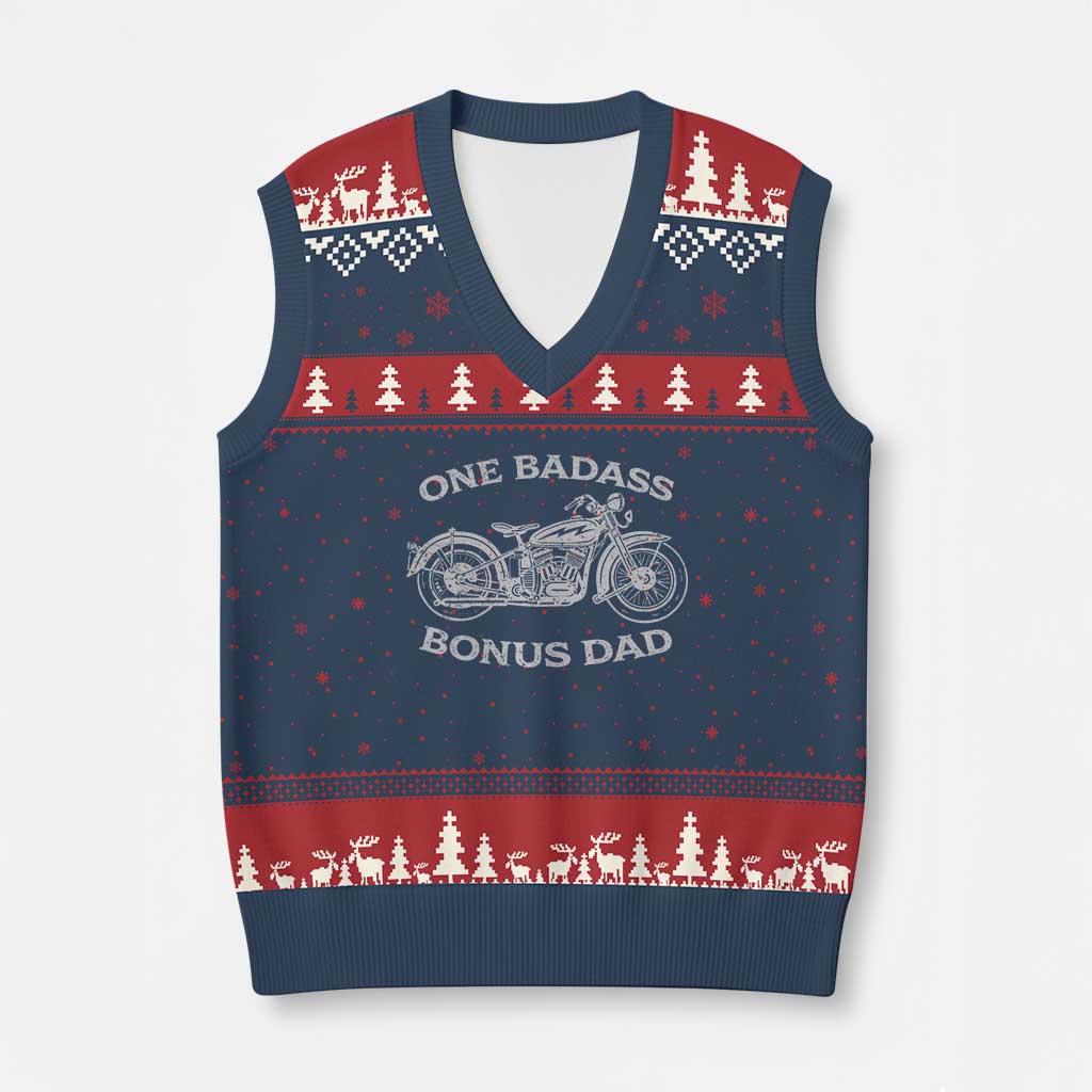 One Badass Bonus Dad V-Neck Knit Sweater Vest Funny Stepdad Motorcycle Graphic Mens Biker