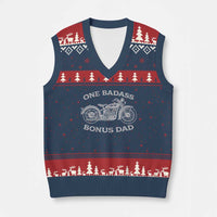 One Badass Bonus Dad V-Neck Knit Sweater Vest Funny Stepdad Motorcycle Graphic Mens Biker