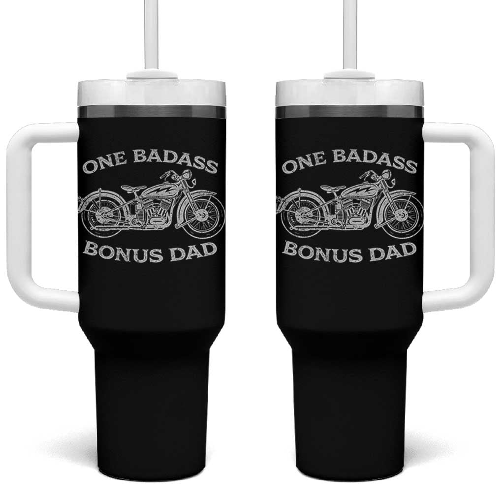 One Badass Bonus Dad Tumbler With Handle Funny Stepdad Motorcycle Graphic Mens Biker