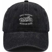 One Badass Bonus Dad Washed Cotton Baseball Cap Funny Stepdad Motorcycle Graphic Mens Biker